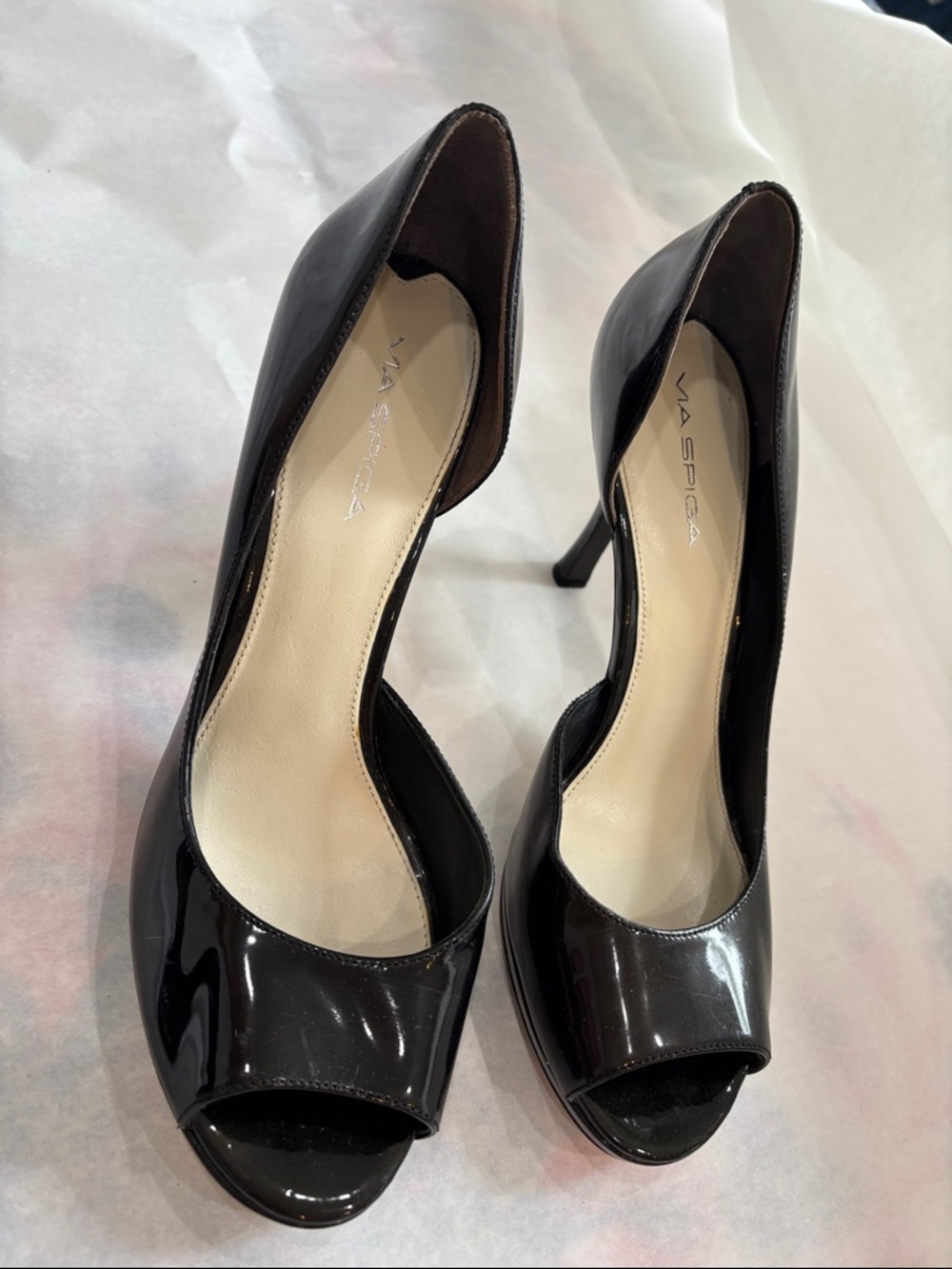 Via Spiga Black Patent Peep-Toe Stiletto Pumps